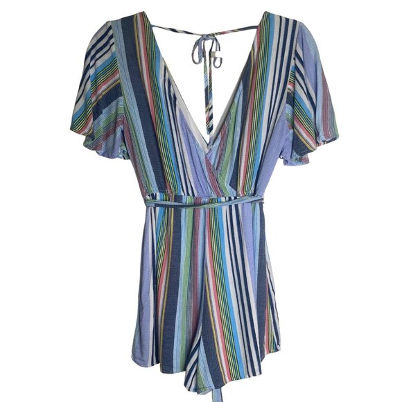 Striped V-Neck Tie-Back Romper Size S Flutter Sleeves Waist Sash - Picture 1 of 9